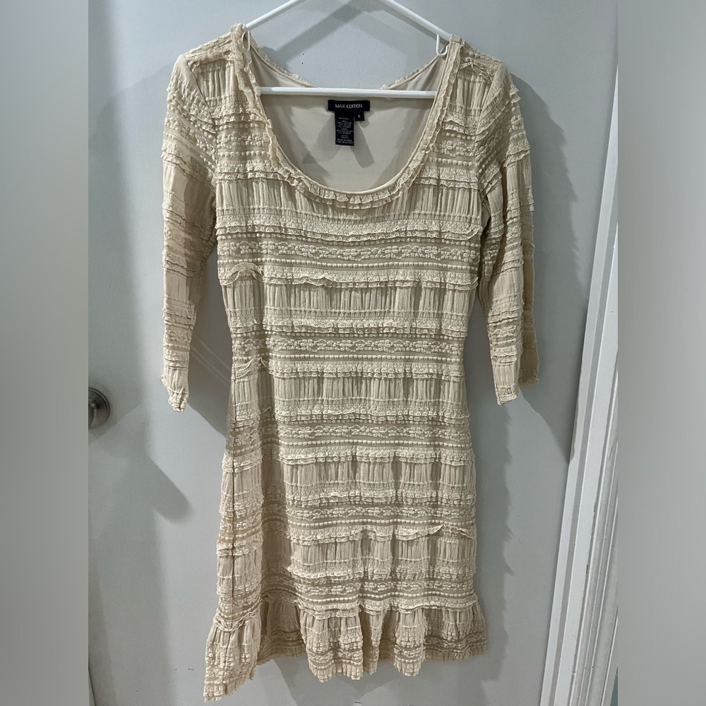Max Edition Beige Lacey 3/4 Sleeve Dress, size small